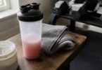 L-citrulline pre-workout drink in a shaker bottle on a gym bench