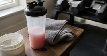 L-citrulline pre-workout drink in a shaker bottle on a gym bench