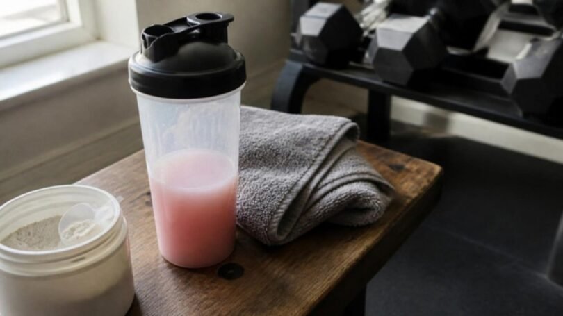 L-citrulline pre-workout drink in a shaker bottle on a gym bench