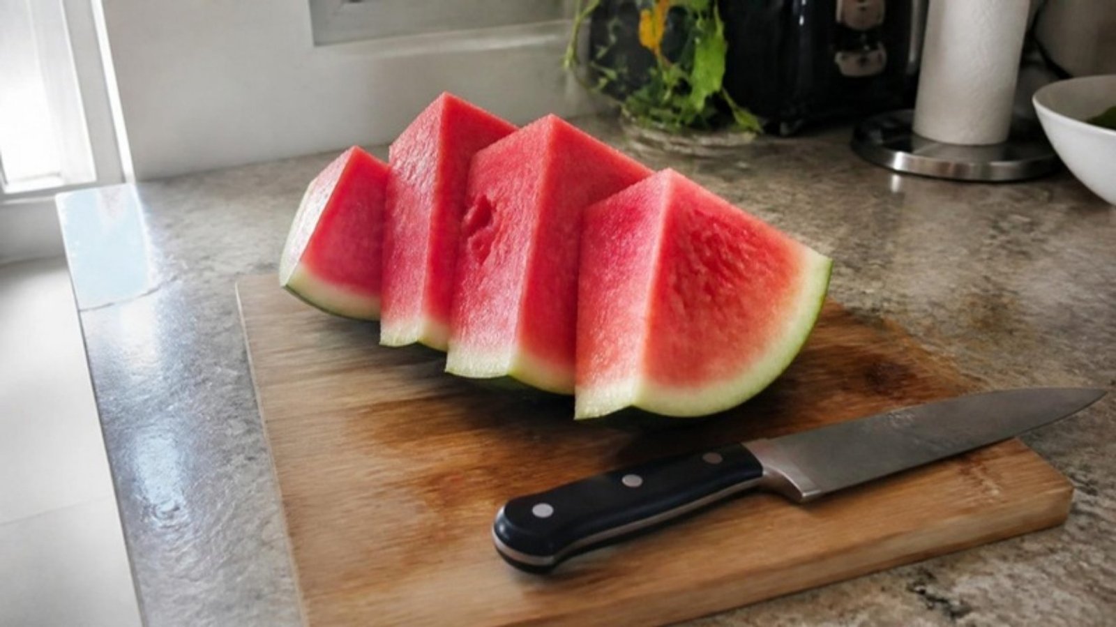 Fresh watermelon slices with rind, a natural food source of L-citrulline