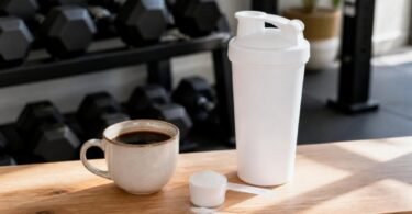 Caffeine and creatine together: a cup of black coffee beside a shaker bottle and a scoop of creatine monohydrate powder on a gym bench