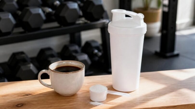 Caffeine and creatine together: a cup of black coffee beside a shaker bottle and a scoop of creatine monohydrate powder on a gym bench