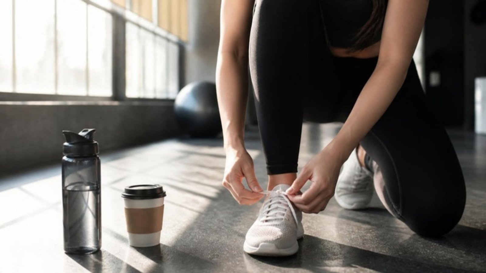 Person lacing up sneakers on a gym floor beside a to-go coffee and water bottle, illustrating caffeine timing before a workout when taking creatine