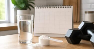 Creatine monohydrate powder scoop next to a glass of water and a calendar, illustrating daily creatine use without cycling