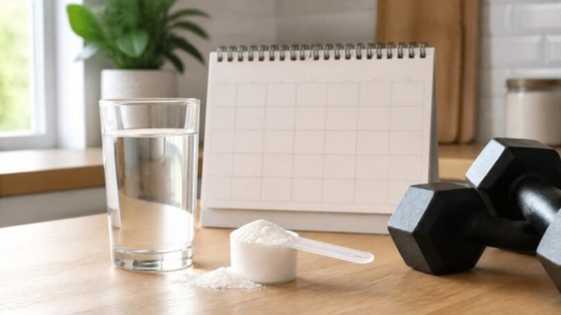 Creatine monohydrate powder scoop next to a glass of water and a calendar, illustrating daily creatine use without cycling