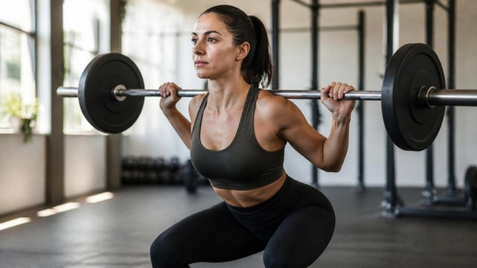 Woman doing a barbell squat in a bright gym while taking creatine daily for strength training