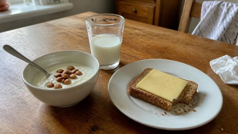Calcium-rich breakfast of yogurt with almonds, a glass of milk and cheese on toast, for an article on calcium and weight loss