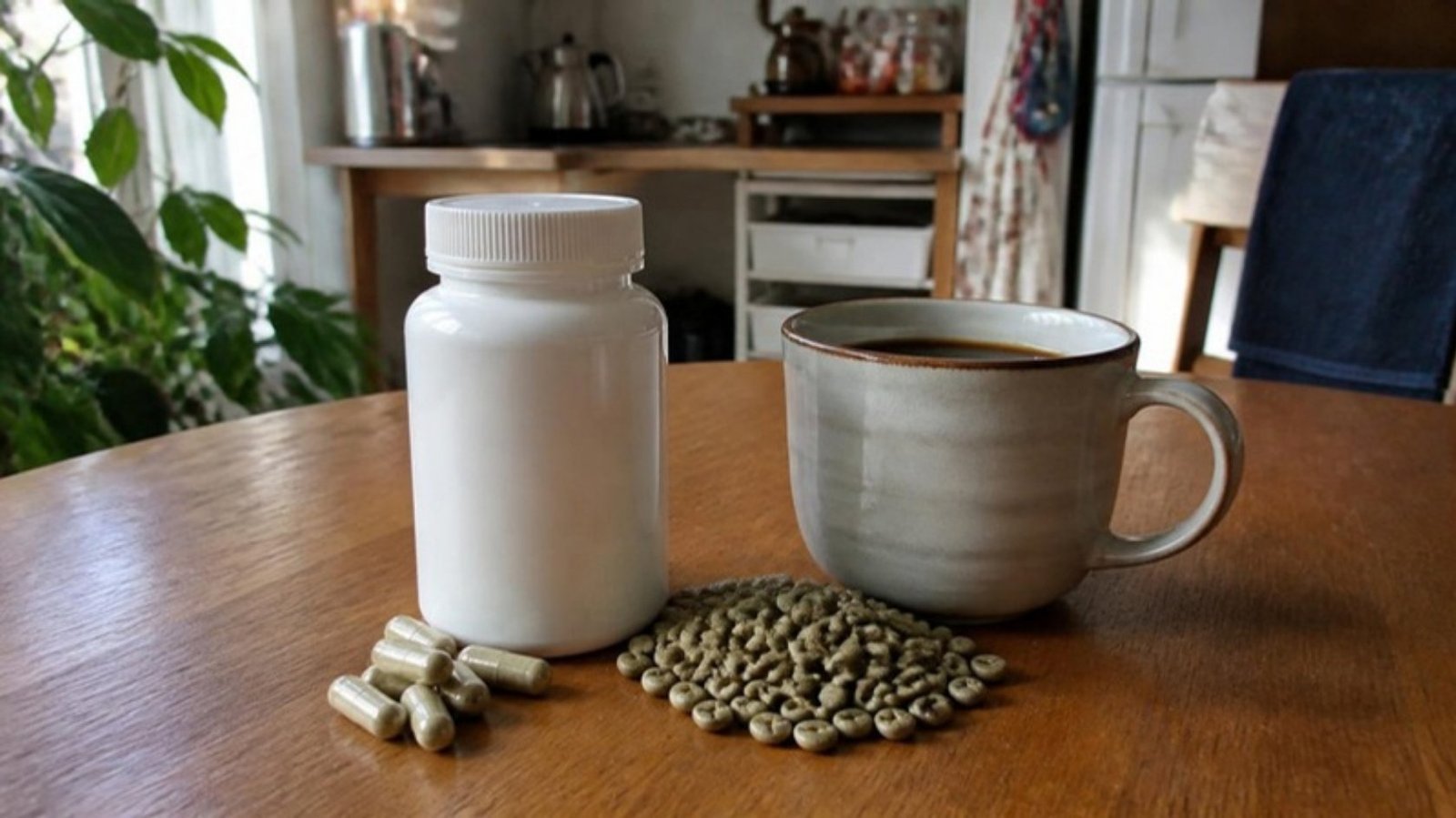 Green coffee bean extract capsules and raw green coffee beans beside a cup of coffee on a kitchen table