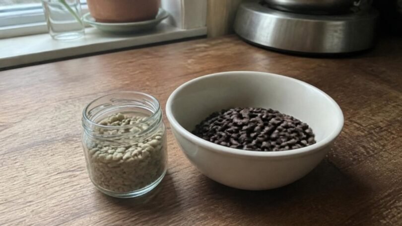 Raw green coffee beans in a jar next to a bowl of roasted coffee beans, illustrating green coffee for weight loss