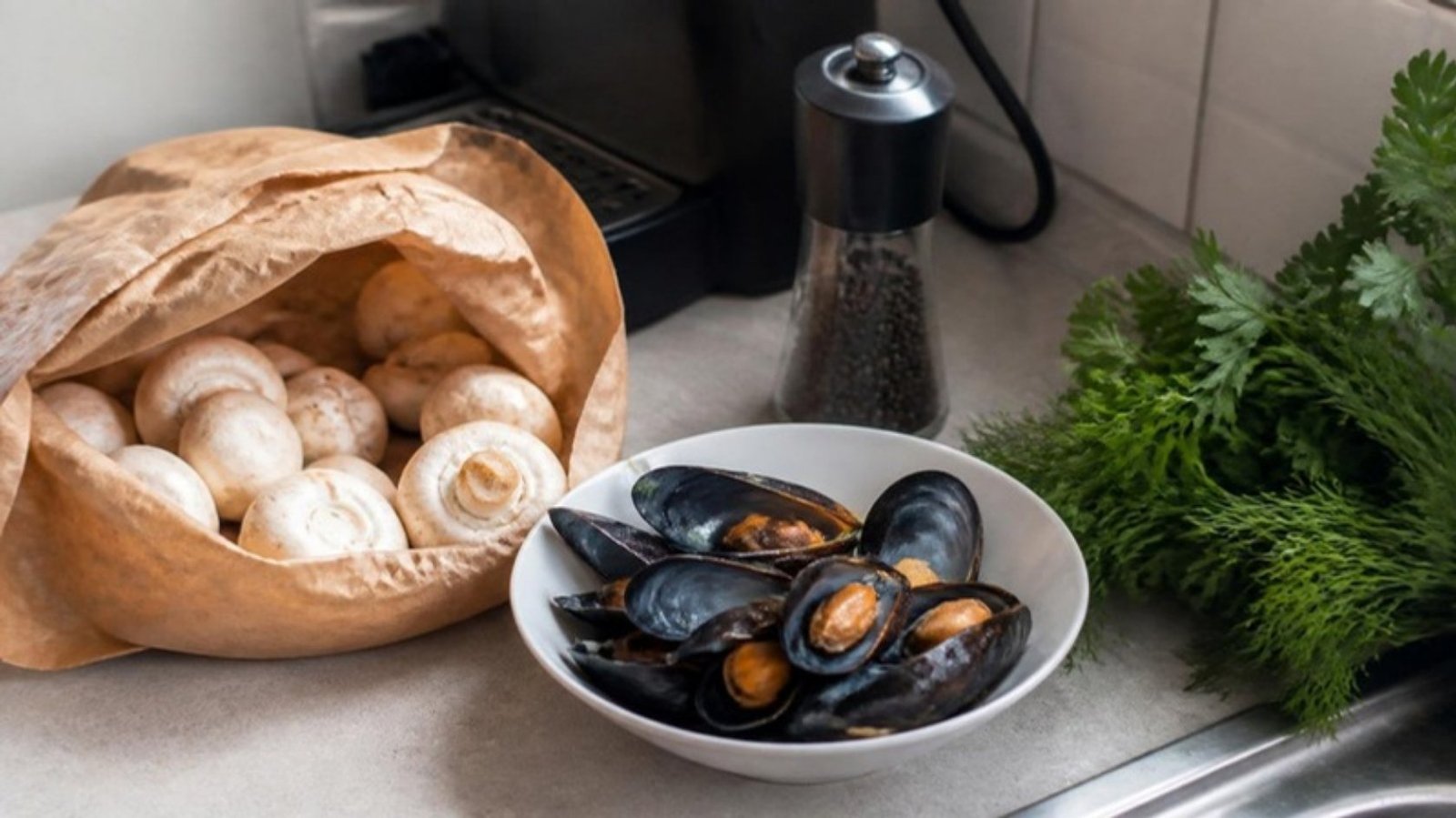 Food sources of vanadium on a kitchen counter: mushrooms, mussels, black pepper and fresh dill, an alternative to a vanadium supplement