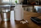 Vanadium supplement bottle with capsules, a glass of water and a blood glucose meter on a kitchen table