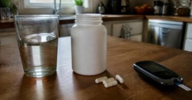 Vanadium supplement bottle with capsules, a glass of water and a blood glucose meter on a kitchen table