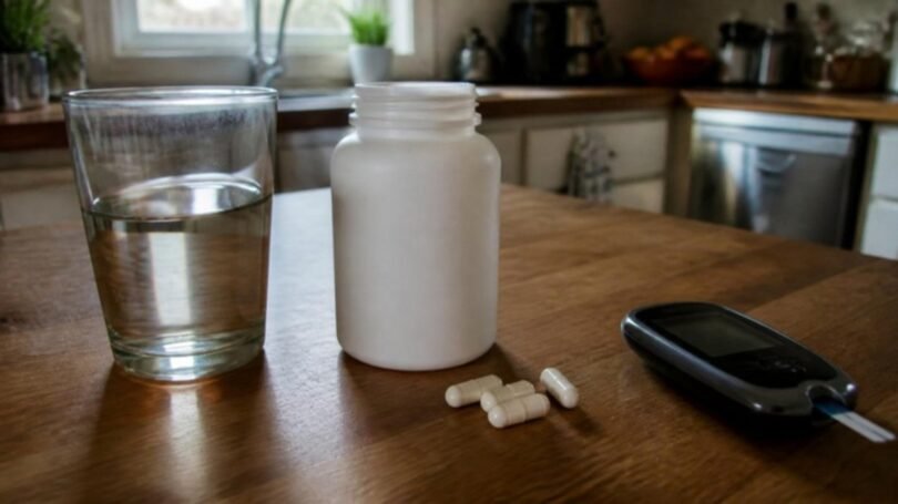 Vanadium supplement bottle with capsules, a glass of water and a blood glucose meter on a kitchen table