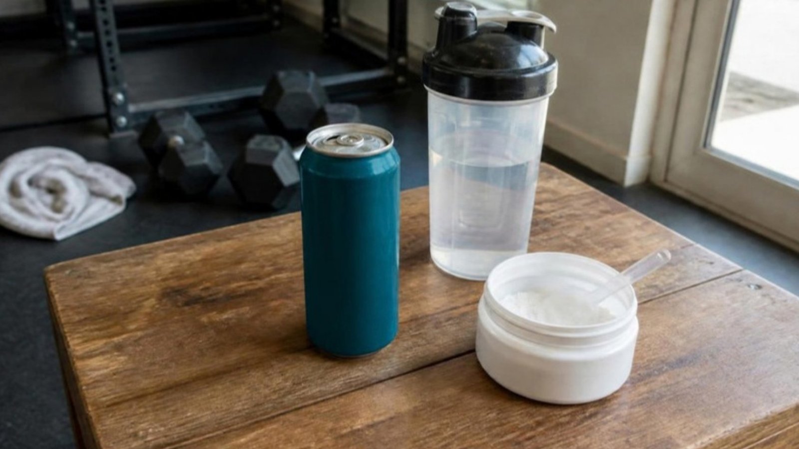 A teal energy drink can beside a shaker bottle and a tub of creatine powder on a gym bench, showing how much creatine is in Bang compared with a real creatine supplement