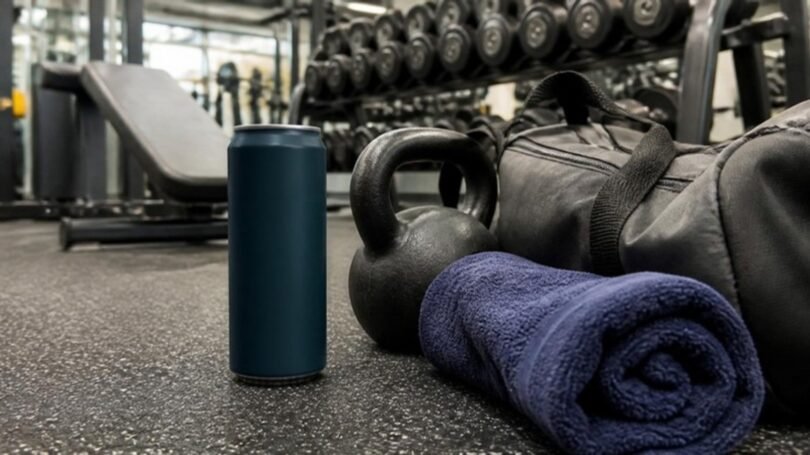 An energy drink can on a gym floor next to a kettlebell, gym bag and towel