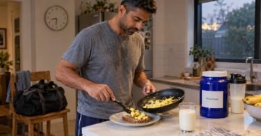 Anabolic window: man preparing a post-workout meal of eggs on toast and milk in his kitchen, with a whey protein tub and shaker on the counter