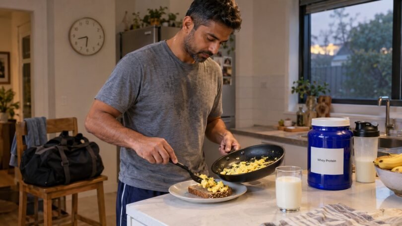 Anabolic window: man preparing a post-workout meal of eggs on toast and milk in his kitchen, with a whey protein tub and shaker on the counter