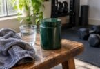 Arginine and ornithine supplement tub on a home gym bench with a glass of water and dumbbells