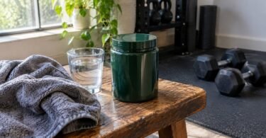 Arginine and ornithine supplement tub on a home gym bench with a glass of water and dumbbells