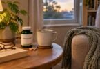 Ashwagandha supplement bottle and capsules on a side table with a mug of herbal tea and reading glasses