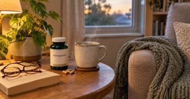 Ashwagandha supplement bottle and capsules on a side table with a mug of herbal tea and reading glasses