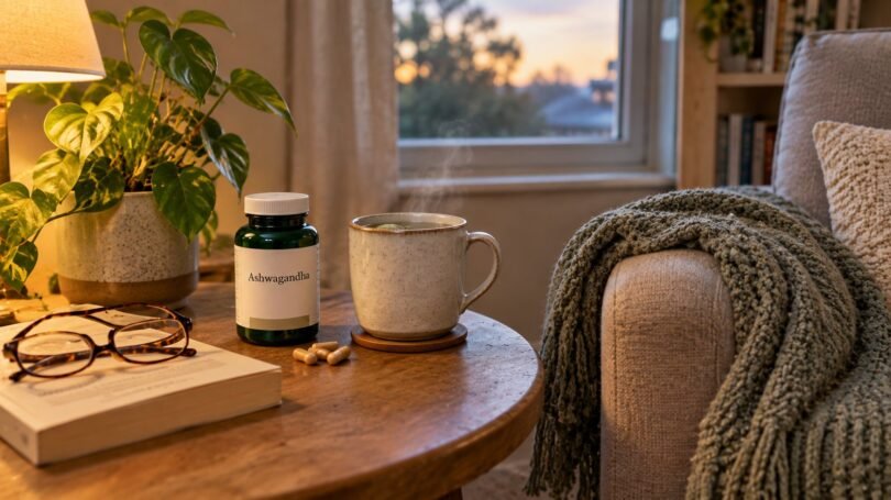 Ashwagandha supplement bottle and capsules on a side table with a mug of herbal tea and reading glasses