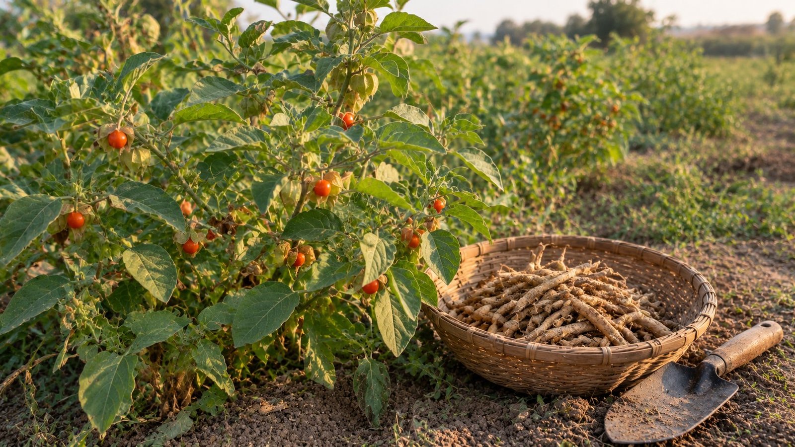 Ashwagandha (Withania somnifera) plant with orange-red berries next to a basket of ashwagandha roots