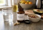 Beta-sitosterol supplement bottle and capsules on a kitchen counter with nuts, seeds and avocado