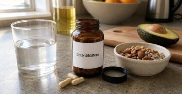 Beta-sitosterol supplement bottle and capsules on a kitchen counter with nuts, seeds and avocado