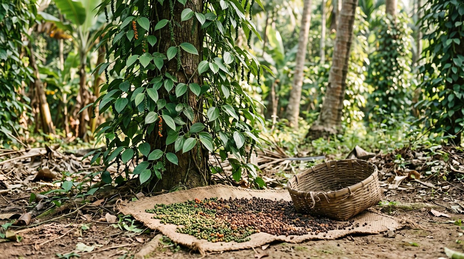Black pepper (Piper nigrum) vine with peppercorn clusters and peppercorns drying on a mat, the natural source of piperine