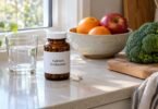 Calcium D-glucarate supplement bottle and capsules on a kitchen counter with oranges, an apple and broccoli