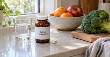 Calcium D-glucarate supplement bottle and capsules on a kitchen counter with oranges, an apple and broccoli