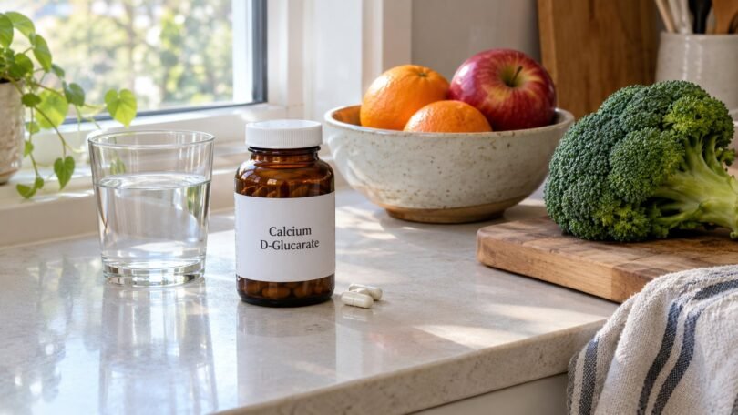 Calcium D-glucarate supplement bottle and capsules on a kitchen counter with oranges, an apple and broccoli
