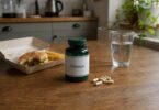 Chitosan weight loss supplement bottle and capsules on a kitchen table next to a takeout burger and fries