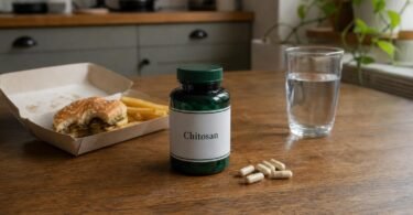 Chitosan weight loss supplement bottle and capsules on a kitchen table next to a takeout burger and fries