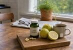 Citrus bergamot supplement bottle and capsules on a kitchen table with whole bergamot fruits and a cup of tea