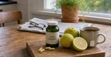 Citrus bergamot supplement bottle and capsules on a kitchen table with whole bergamot fruits and a cup of tea
