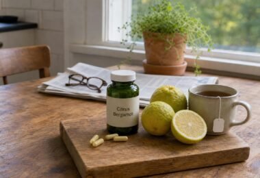 Citrus bergamot supplement bottle and capsules on a kitchen table with whole bergamot fruits and a cup of tea