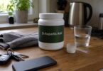 Tub of D-aspartic acid supplement powder with a scoop and a glass of water on a kitchen counter