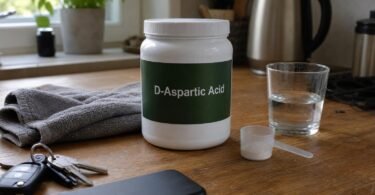 Tub of D-aspartic acid supplement powder with a scoop and a glass of water on a kitchen counter