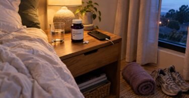ZMA supplement (zinc, magnesium and vitamin B6) bottle and capsules on a bedside table with a glass of water at night
