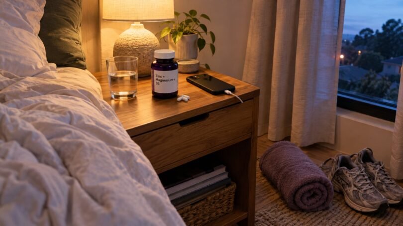 ZMA supplement (zinc, magnesium and vitamin B6) bottle and capsules on a bedside table with a glass of water at night