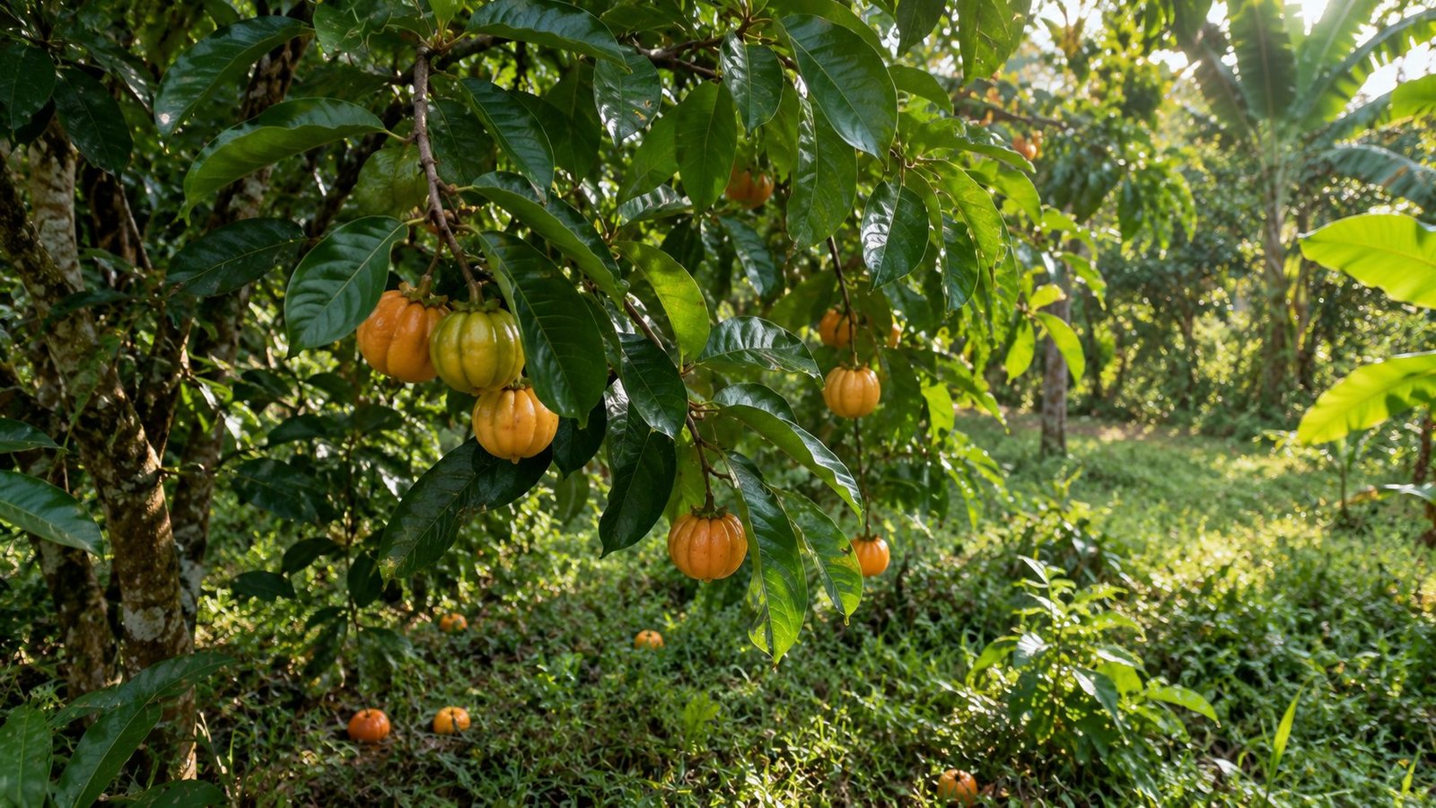 Garcinia cambogia fruit growing on a tree, the source of hydroxycitric acid