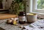 Ginger root supplement bottle with capsules, fresh ginger and a mug of ginger tea on a kitchen counter
