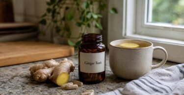 Ginger root supplement bottle with capsules, fresh ginger and a mug of ginger tea on a kitchen counter