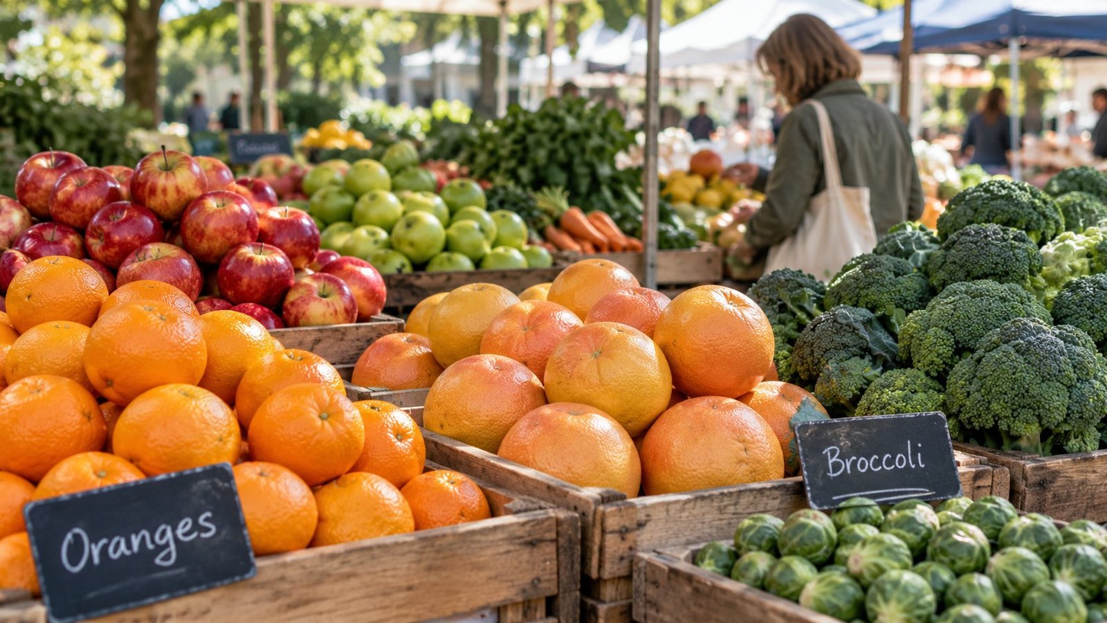Oranges, apples, grapefruit and broccoli at a market stall, food sources of glucaric acid