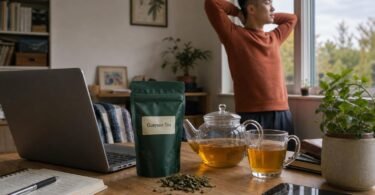 Guayusa tea: a pouch of guayusa tea with loose leaves, a glass teapot and mug of brewed tea on a home office desk in the morning