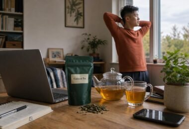 Guayusa tea: a pouch of guayusa tea with loose leaves, a glass teapot and mug of brewed tea on a home office desk in the morning