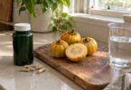 Hydroxycitric acid supplement bottle and capsules next to whole Garcinia cambogia fruits on a kitchen counter
