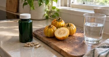 Hydroxycitric acid supplement bottle and capsules next to whole Garcinia cambogia fruits on a kitchen counter